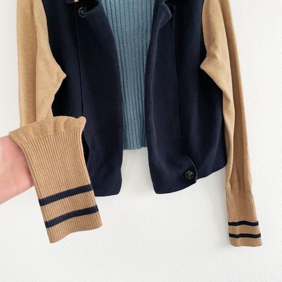 Cabi Turn Back Cardigan Sweater Open Front Medium Academia Navy Tan Chunky Knit - Picture 3 of 16